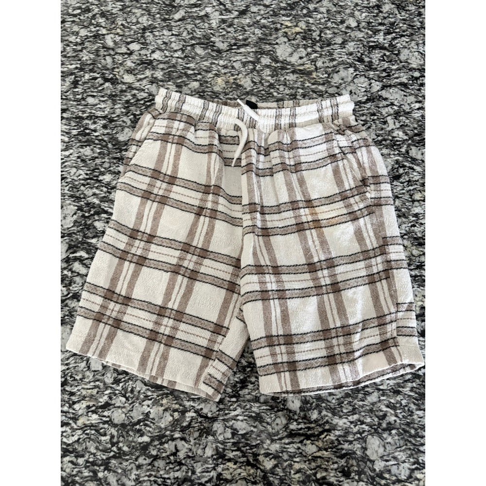 boohooMAN Mens Plaid Textured Shorts Cream Brown Black Size Small Elastic Waist